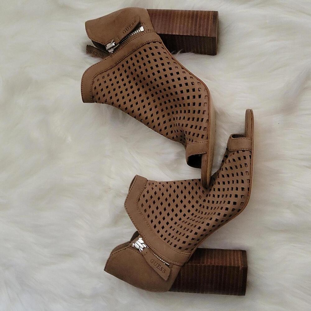 Brand New Guess Peep Toe Zipper Booties - Brown - 7.5